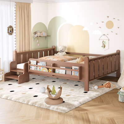 Lit double sur pied avec bibliothèques de rangement, lit pour enfant en bois massif, garde-corps et escalier, sans sommier, naturel