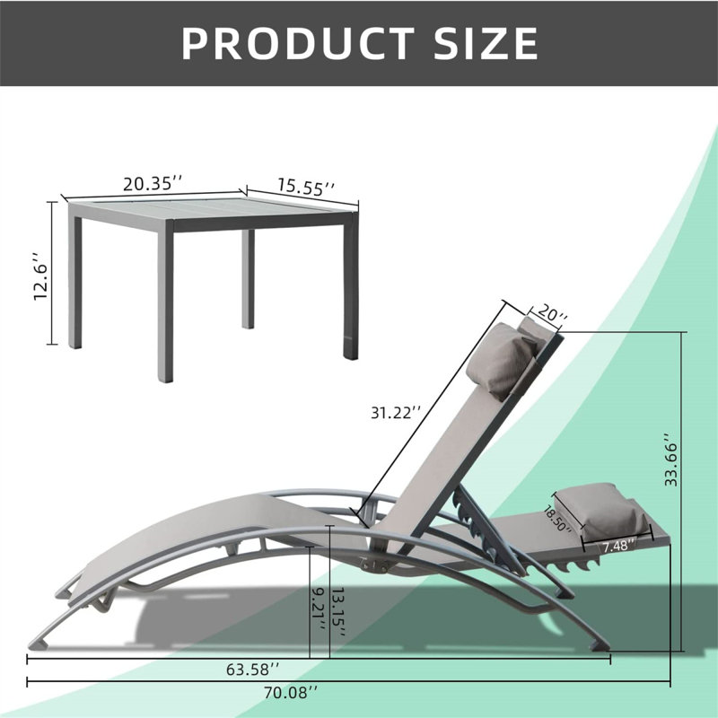 Pool Lounge Chairs Set Of 3, Adjustable Aluminum Outdoor Chaise Lounge Chairs With Metal Side Table, All Weather For Deck Lawn Poolside Backyard (Grey,2 Lounge Chairs+1 Table)