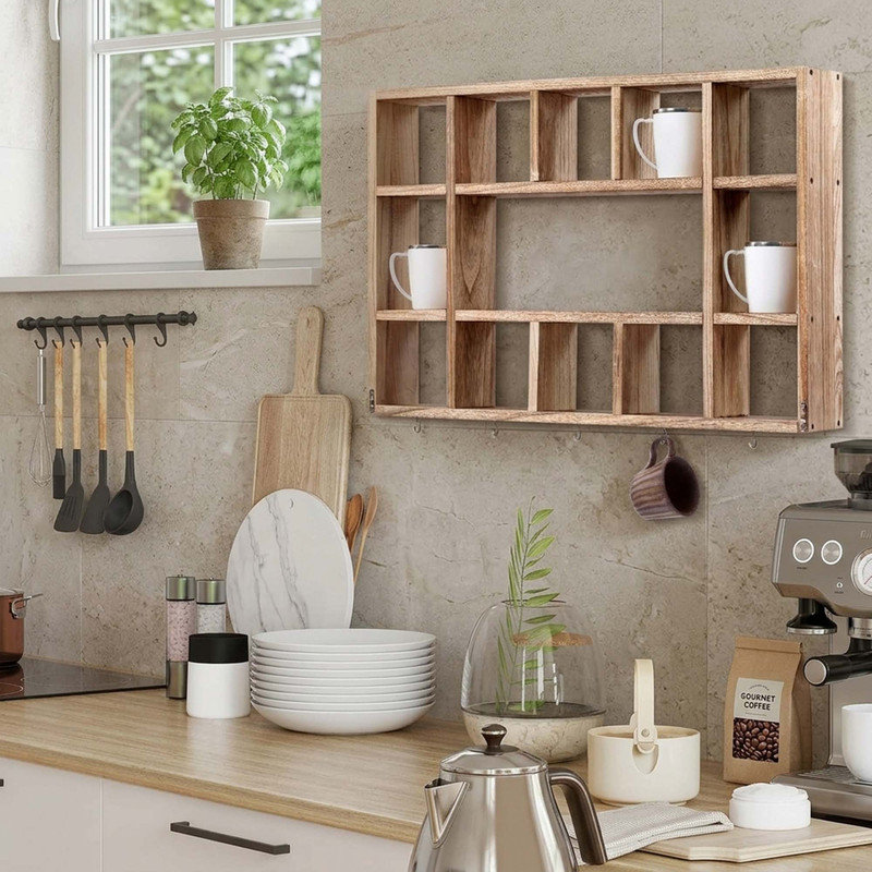 Tablette murale en bois avec porte-café et crochets