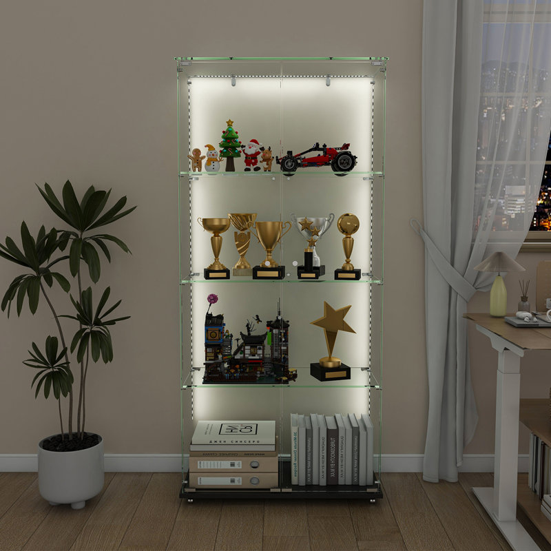Vitrine à 4 niveaux en verre avec 4 modes DEL dynamiques, portes doubles et tablettes fixes pour un accès facile, vitrine au sol pour le bureau à domicile ou la présentation de magasin
