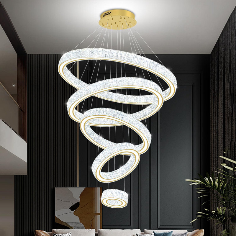 Lustre doré à 5 anneaux pour hauts plafonds, lustre moderne à grands anneaux en cristal