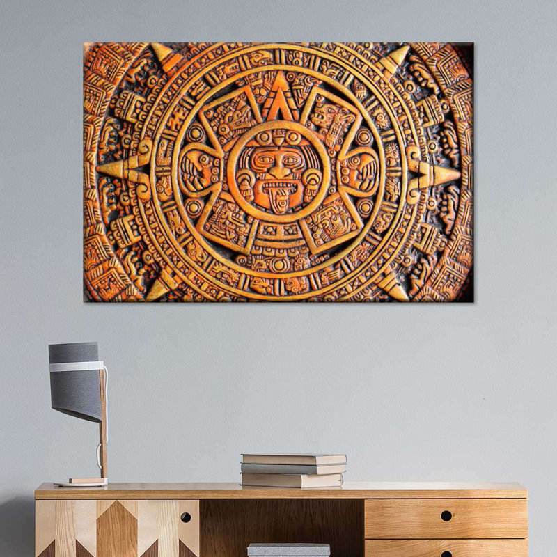 Calendrier aztèque, reproduction sur toile, H 8 po x l 12 po x P 1 po