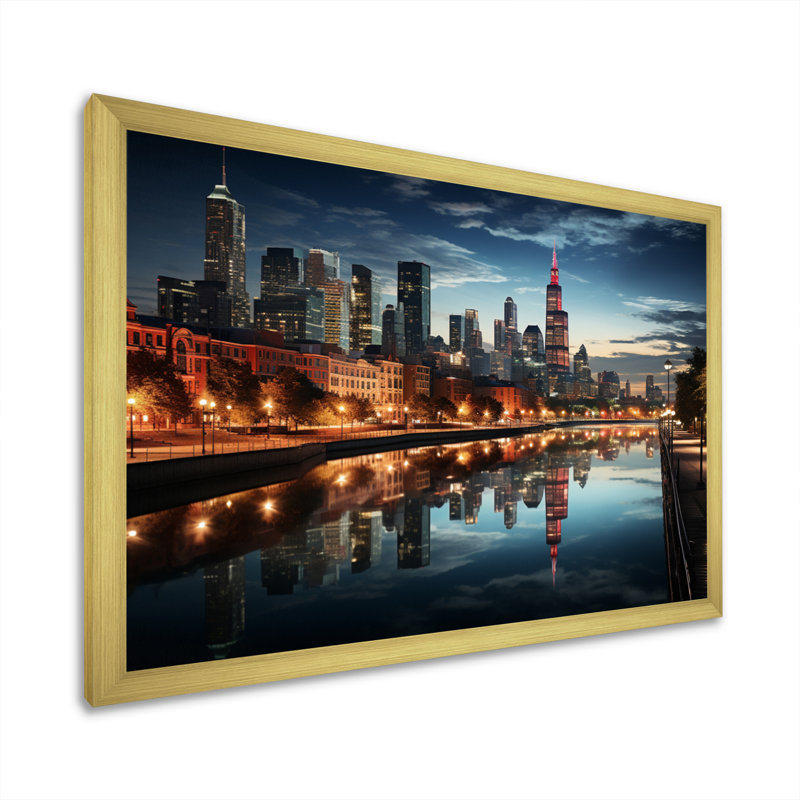 «Chicago Cityscape By Night I», reproduction sur toile, H 12 po x l 20 po x P 1 po, Cadre doré à une seule photo