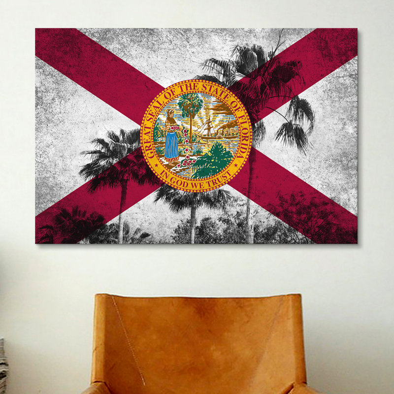 «Florida Flag, Grudge Palm Trees», impression sur toile, H 12 po x l 18 po x P 1,5 po, Toile tendue, Pas de tapis