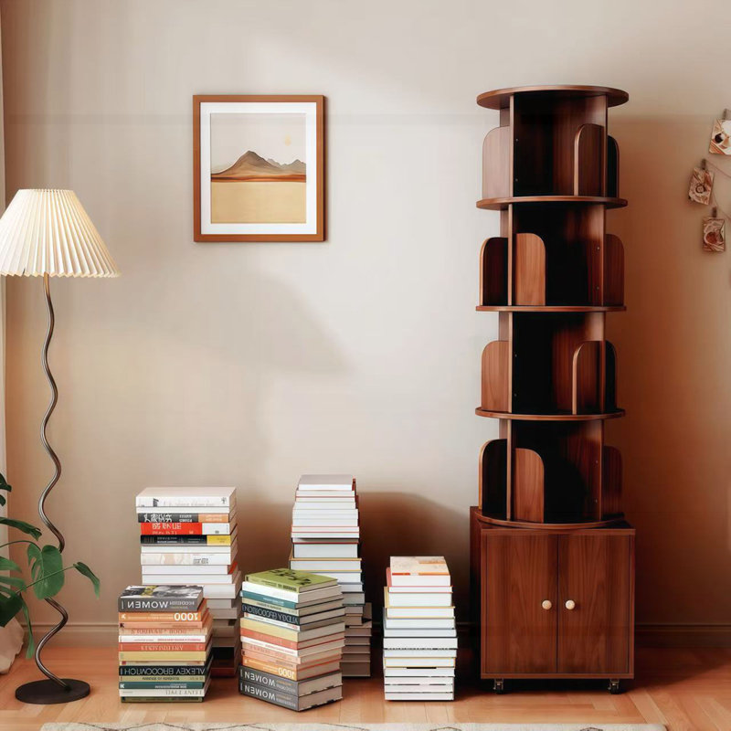 Bibliothèque de coin pivotante 360 degrés à 5 niveaux avec 360 tiroirs, Noyer brun
