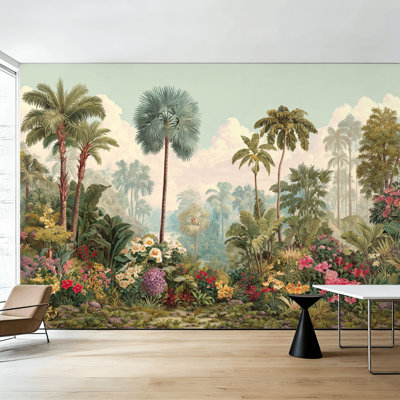 Papier peint à peler et coller, palmiers botaniques tropicaux, fleurs colorées, rose pâle, H 100 po x l 144 po, papier peint amovible en PVC, adhésif mural pour chambre à coucher, bureau à domicile