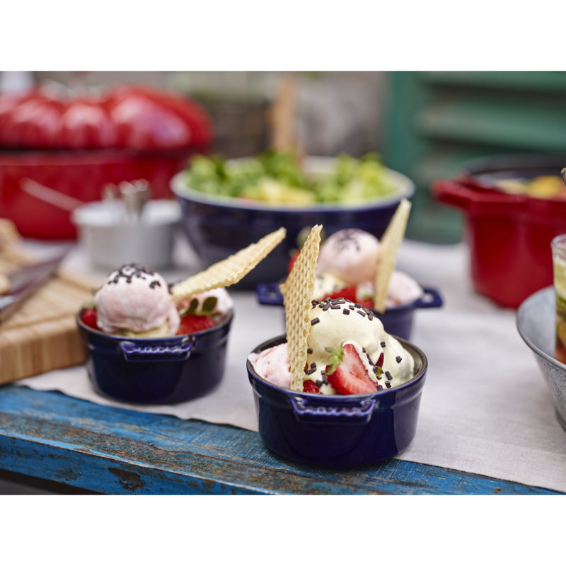 STAUB Ceramic 3-Pc Mini Round Cocotte Set With Tray, Dark Blue