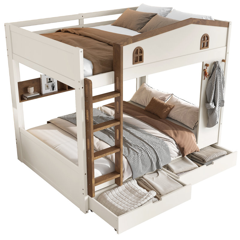 Lit superposé rustique en bois massif, Queen over Queen, Beige&Natural, With Drawers