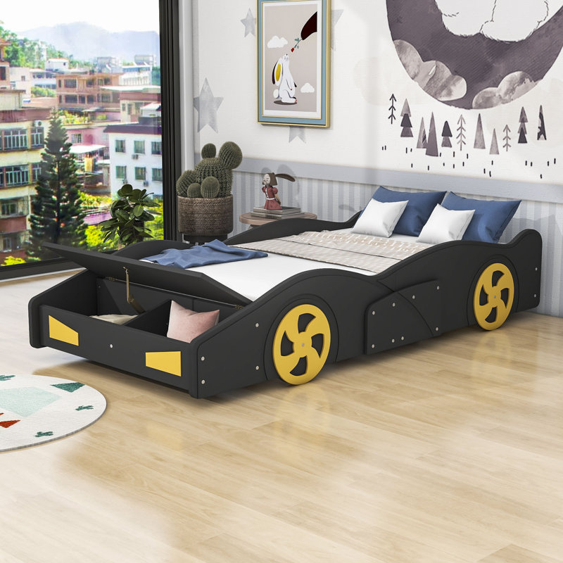 Ahna Twin Cars Bed by Zoomie Kids, Black/Yellow