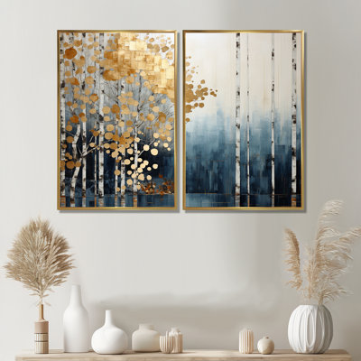 Minimalisme bleu et forêt dorée - impressions sur toile beige sur 2 panneaux