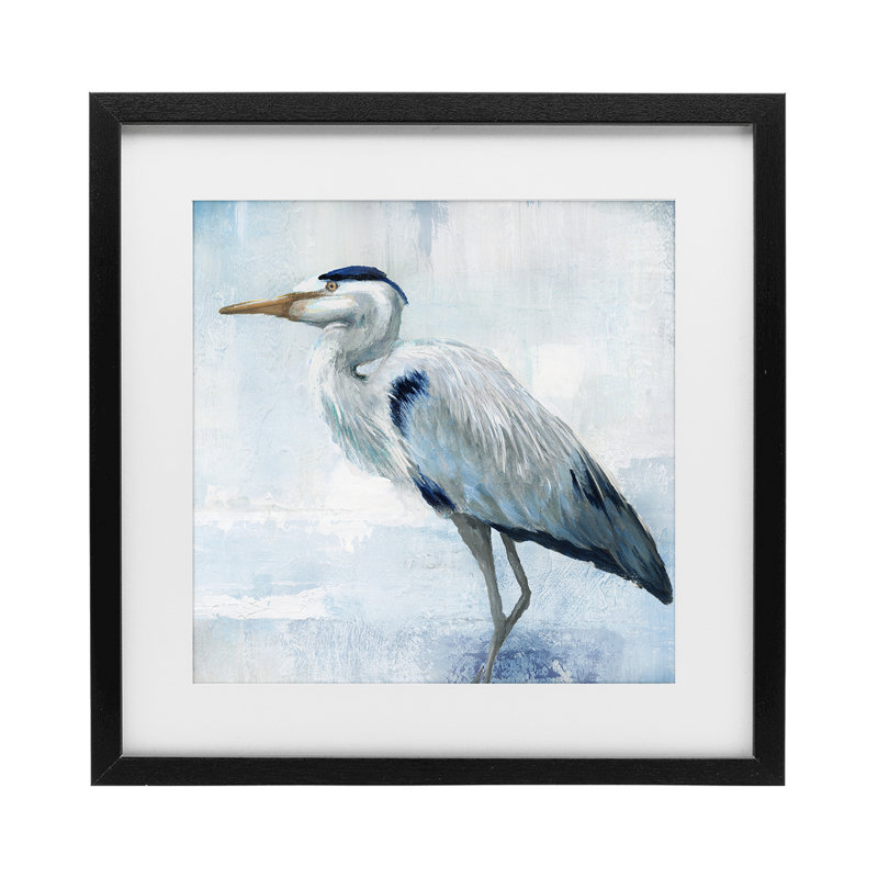 Faded Blue Heron, reproduction encadrée sous verre, design par Nan, H 16 po x l 16 po, Cadre noir minuit sous verre