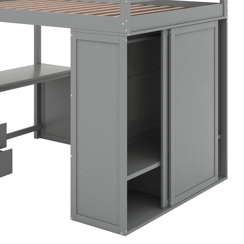 Lit mezzanine double avec placards et bureau, Gris