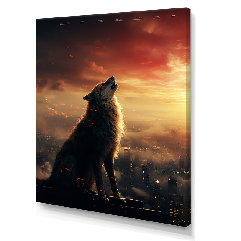 Loup jaune hurlant au coucher du soleil - loup, art mural, Toile tendue, H 40 po x l 30 po