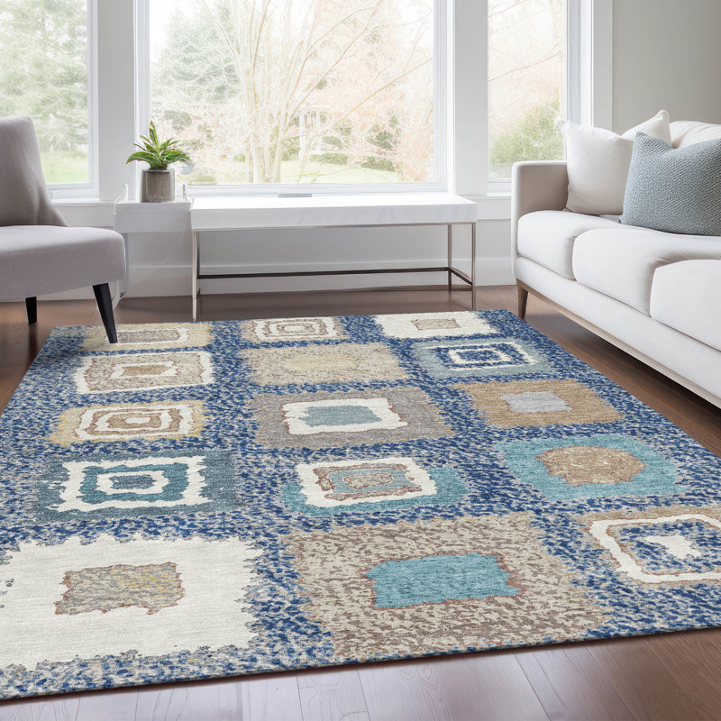 Machine Washable Indoor/Outdoor Xhevrie Navy Rug, Rectangle 10 pi x 14 pi