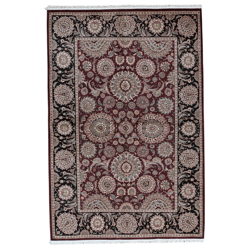 Tapis unique en laine noué à la main de 5 pi 9 po x 8 pi 9 po vin / noir / ivoire