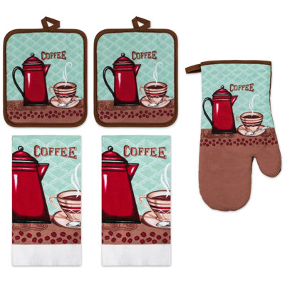 PREMIUS 5 Piece Printed Kitchen Linen Set, Coffee Cup, 2 Cotton Towels, 2 Pot Holders, 1 Oven Mitt