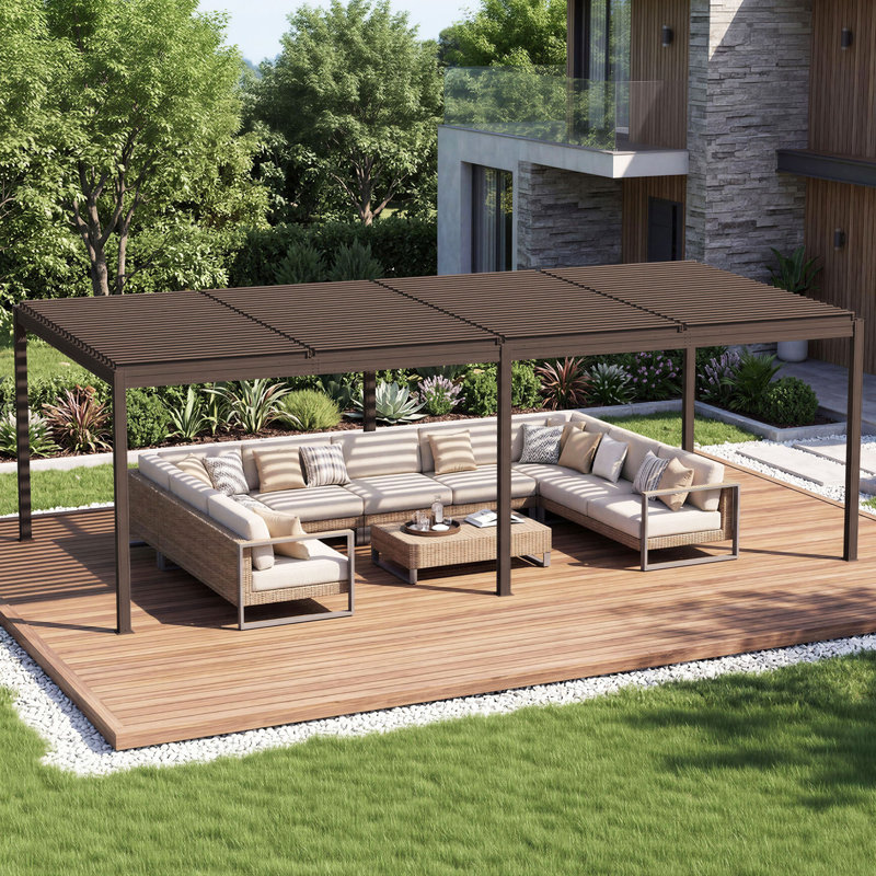 Domi Patio Outdoor Aluminum Louvered Pergola, 91.57" H x 287.4" W x 145.87" D, Brown
