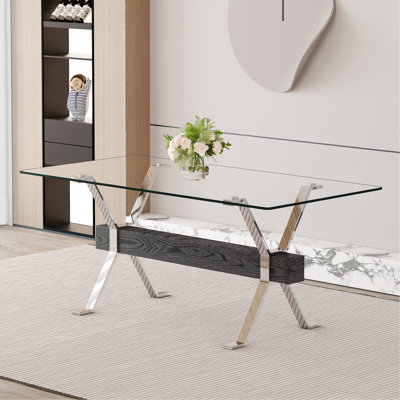 Table de salle à manger. Table de salle à manger moderne en verre trempé. Grand grand bureau moderne avec des pieds en métal plaqué argent et des barres transversales en bois aggloméré noir, convenant à la maison et au bureau. Cuisine. 71 po x 35,4 po x 30 po