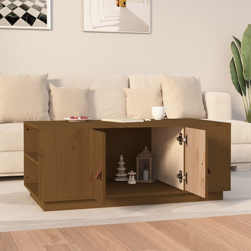 Kyea Solid Wood Block Coffee Table with Storage, Honey Brown