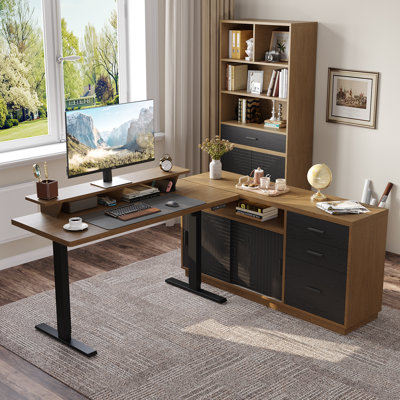 55" Standing Desk With 55'' File Cabinet, Electric Height Adjustable Standing Desk With 71'' Tall Modern Bookshelf, Home Office Furniture Set