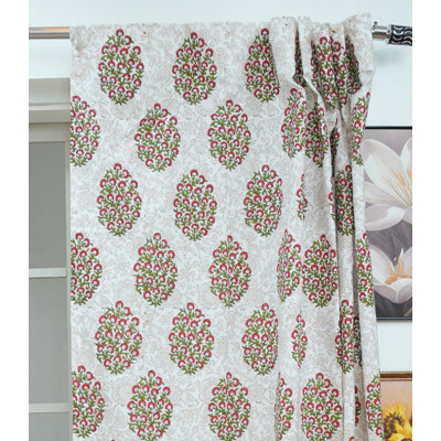 Rideau plat non doublé en lin coloré imprimé à la main, blanc et rose à motifs floraux, pour salon et chambre, style bohème et champêtre.
