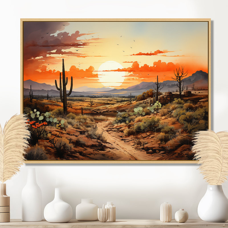Orange Silhouette Cactus Sunrise - Floral Cactus Wall Art, 12" H x 20" W x 1" D, Brown Floater Framed