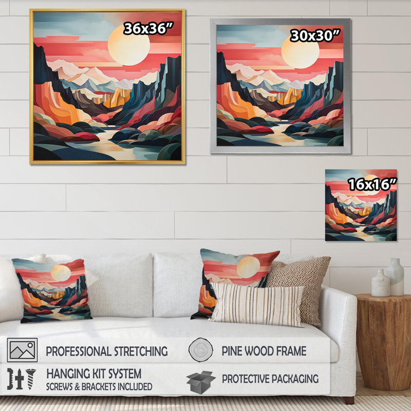 Coral Teal Bold Canyon Landscape II - Abstract Canvas Art Print, H 24 po x l 24 po x P 1 po, Cadre flottant noir