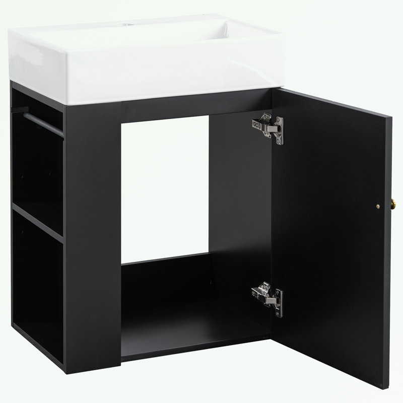 Meuble-lavabo de salle de bain avec lavabo, rangement latéral et tablette réglable, Noir