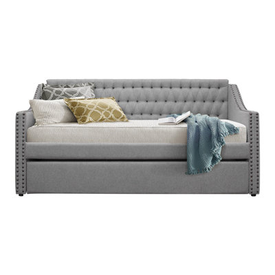 Modern Design Gray Fabric Upholstered 1Pc Sofa Bed W Trundle Button-Tufted Detail Nailhead Trim Daybed Wooden Furniture