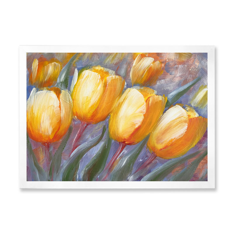 Tulipes jaunes en fleurs - Peinture sur toile, Cadre blanc, H 30 po x l 40 po x 1,5 po