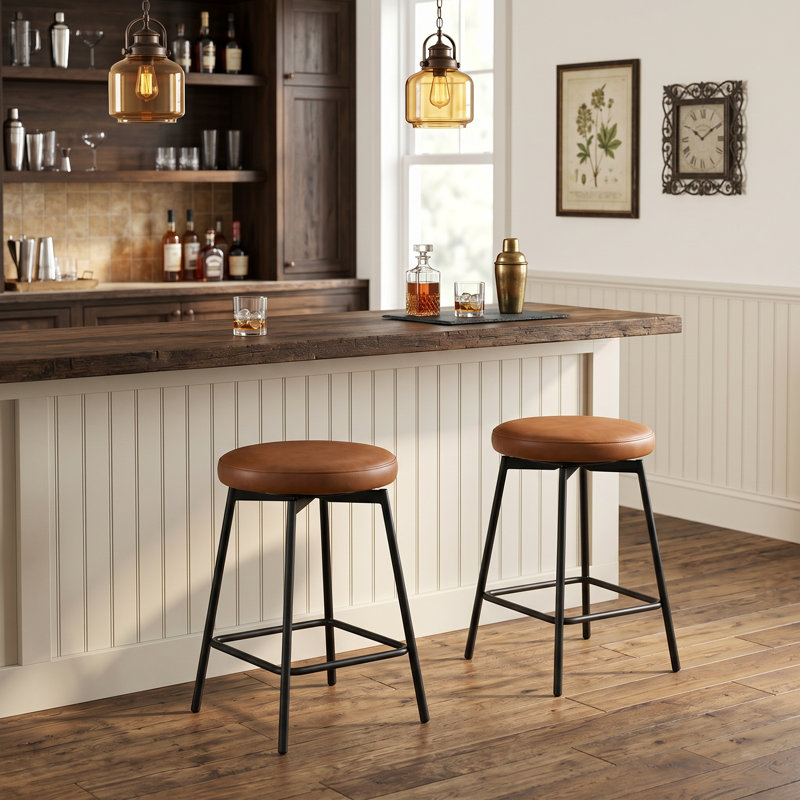 Swivel Upholstered Counter Stool with Metal Frame, Brown