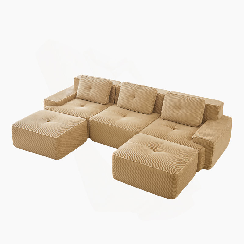 Canapé modulaire en forme de U de 117 po, tissu modulaire en velours côtelé, assise profonde, repose-pieds mobile, passepoil perlé, conception capitonnée, sans assemblage, conception antidérapante, brun clair