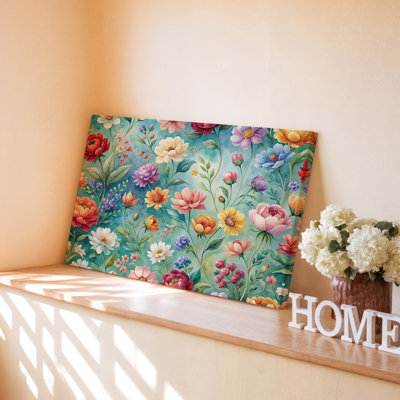 Impression sur toile vibrante de fleurs de jardin sur fond turquoise pour le salon, la chambre à coucher, le bureau, le couloir, le vestibule, le mur de la galerie et la décoration moderne