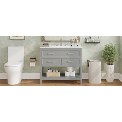 Gray 36" Bathroom Vanity With Ceramic Sink, Soft Close Drawer Slides, Full - Extension Drawers And 36 Inch In Gray, Silver Pulls, Tip Out Tray, Open Shelf 3.74" Height