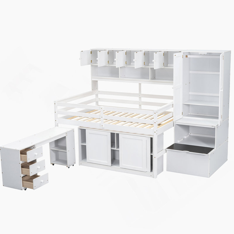 Grand lit mezzanine en bois avec rangement sous le lit avec tiroirs et tablettes Kauslick, Blanc, Double
