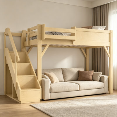 Kids Loft Bed with Storage Stairs and Wardrobe, Solid Wood Loft Bed with Book Shelves for Small Bedroom Boys Girls, Natural, Twin Size