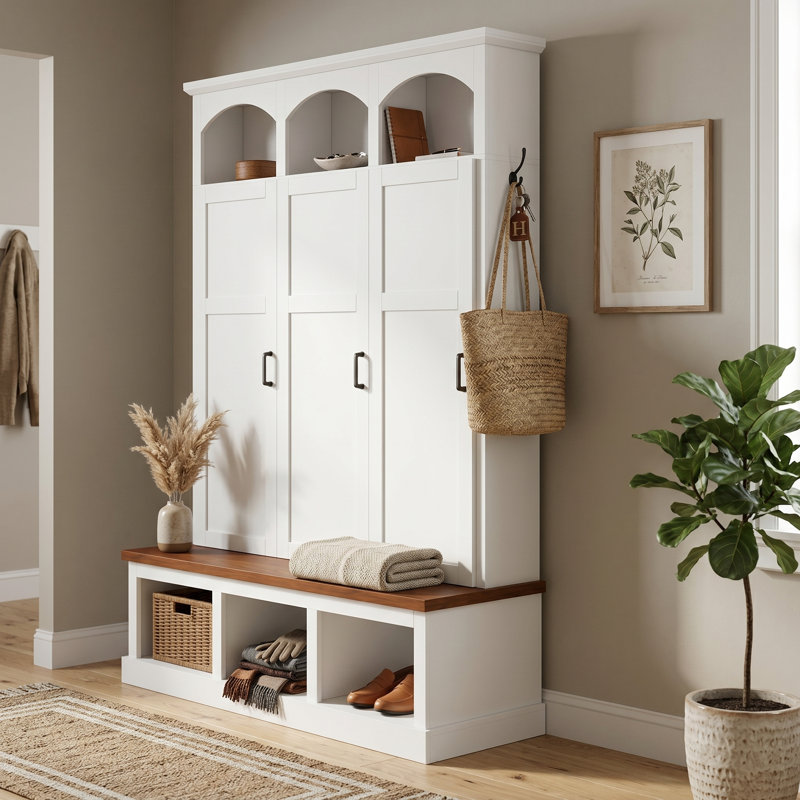 Portemanteau arqué 49,2 po x P 15,7 po x 74,4 po avec banc et armoires de rangement, White
