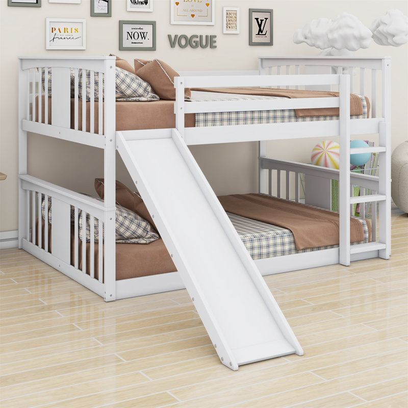 Karmello Bunk Bed With Ladder And Slide, White, Twin over Twin