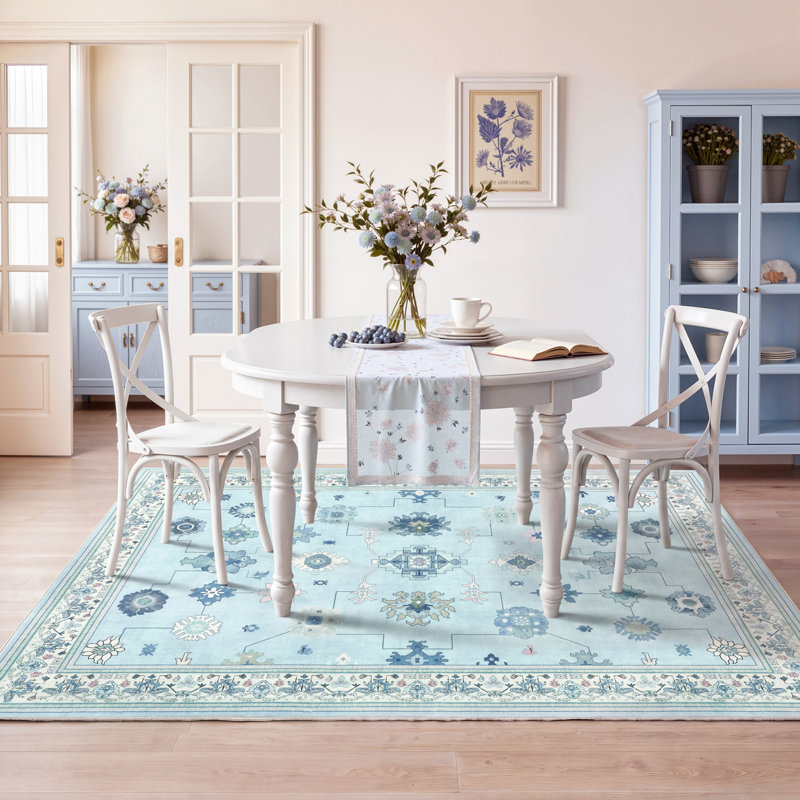 Boho 5x7/8x10/9x12 Washable Area Rugs for Living Room, Soft Non-Slip Rugs for Bedroom Nursery, Farmhouse Vintage Ultra Thin Indoor Dining Room Carpet for Dorm Kids Room (Blue/Black)