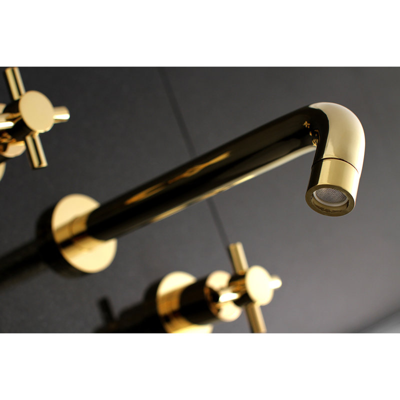 Kingston Brass Concord Two-Handle 3-Hole Wall Mount Roman Tub Faucet, Cross Handle, Polished Brass