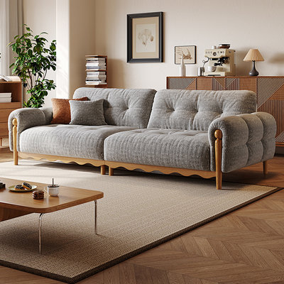 118.11"Gray linen-blend loveseat with throw pillows