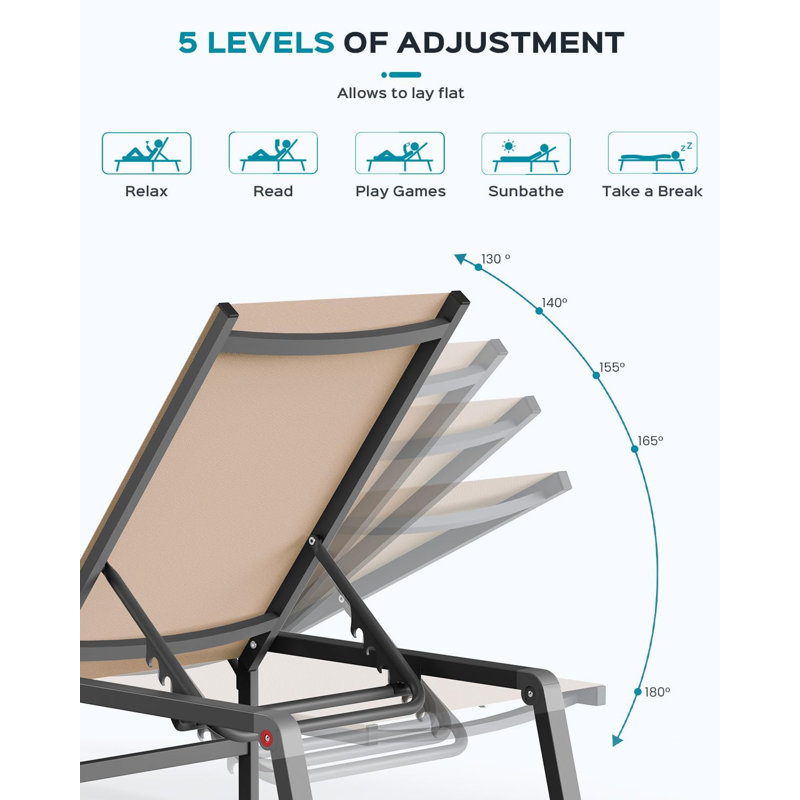 Méridienne d'extérieur en aluminium - pliable, sans assemblage, avec 5 dossiers réglables, Kaki