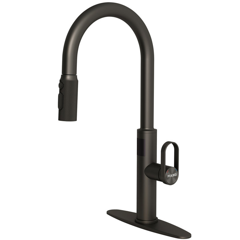 MASO Touchless Kitchen Faucet with Pull-Down Sprayer, Fahrenheit Temperature Display, 3 Spray Modes, 360° Swivel, Commercial Modern Faucet for RV, Farmhouse, Camper, Laundry & Bar,Matte Black