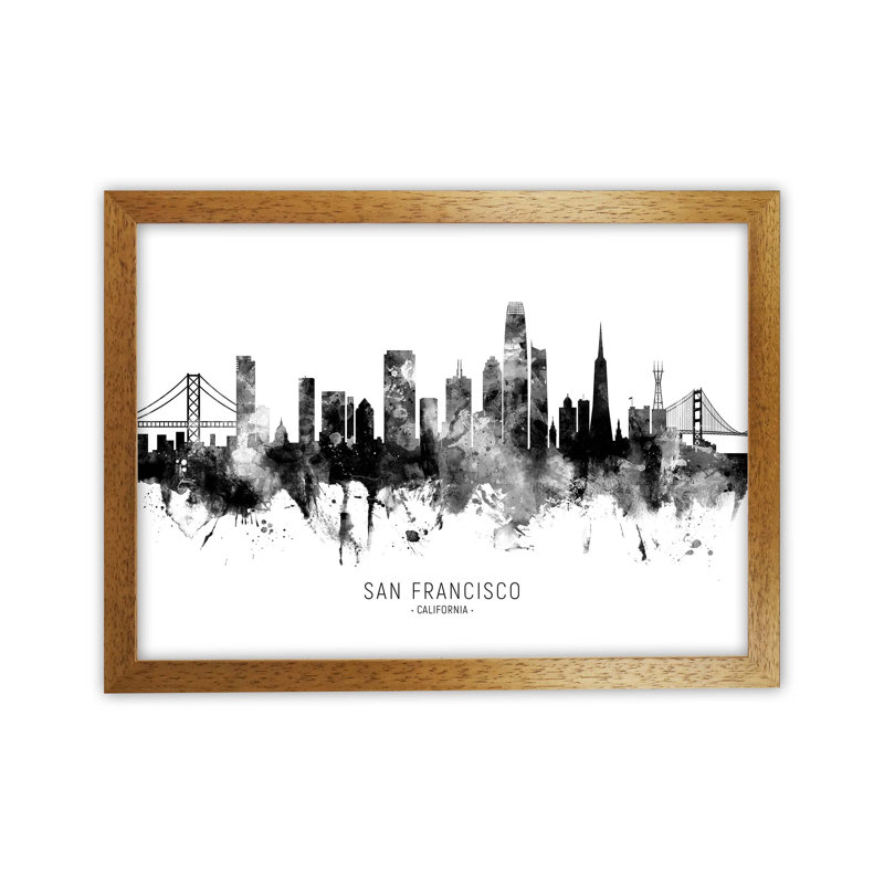 San Francisco California Skyline Black White City Name by Michael Tompsett - Print, Brown Framed, 34cm H x 46cm W x 3cm D