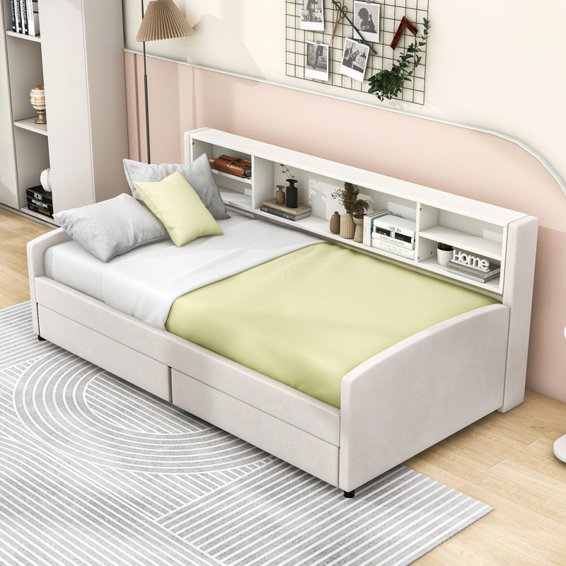  Lit de jour simple en velours Katia avec tiroirs et tablettes de rangement intégrés, Beige