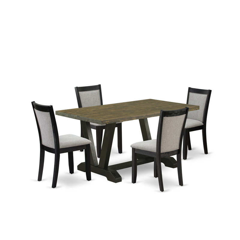 5-Piece Modern Table Set Consists of a Distressed Jacobean Mid Century Table and 4 Shitake Linen Fabric Parsons Chairs with High Back - Wire Brushed Black Finish