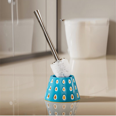 Brosse et support de toilette Aesthetic, accessoire de salle de bain décoratif avec motif tricolore moderne, chariot discret fermé, poils robustes en PP, base robuste (bleu)