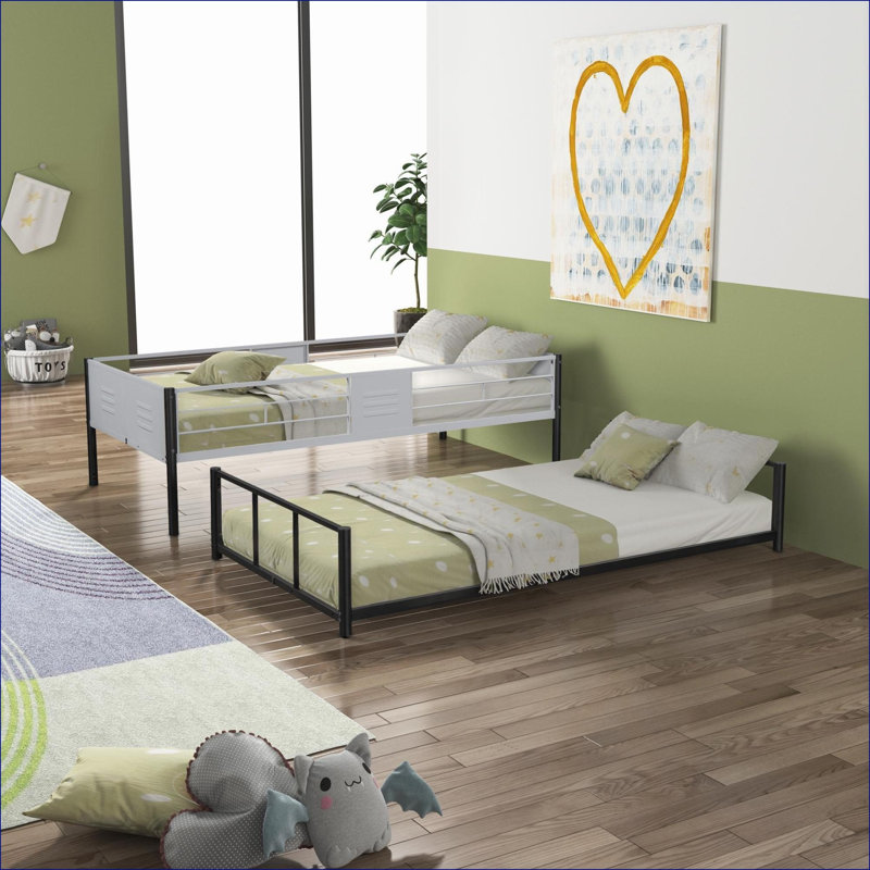 Lit superposé simple au-dessus d'un lit simple en métal, aucun sommier requis, réduction du bruit, capacité de 350 lb par lit, noir avec gris pour la chambre à coucher