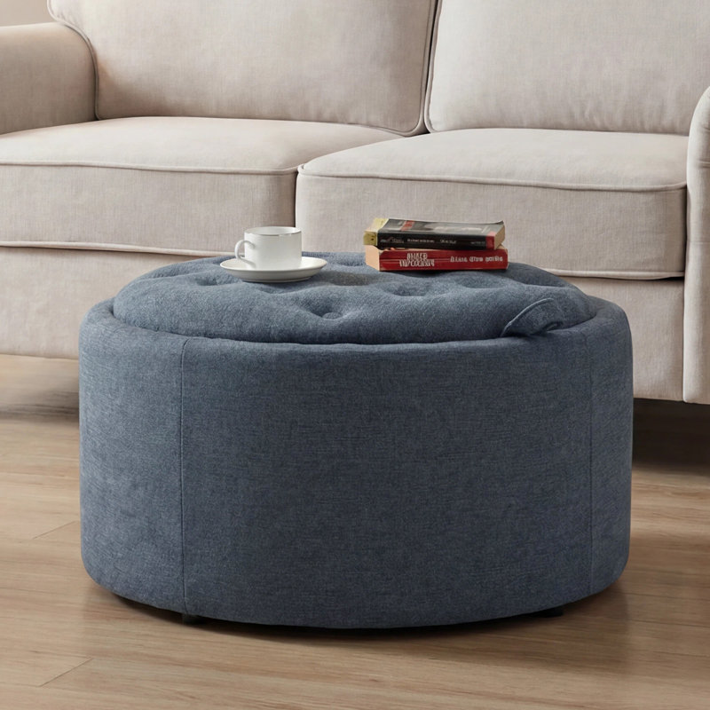 27.5'' Upholstered Round Tufted Ottoman With Storage, Chenille - Blue
