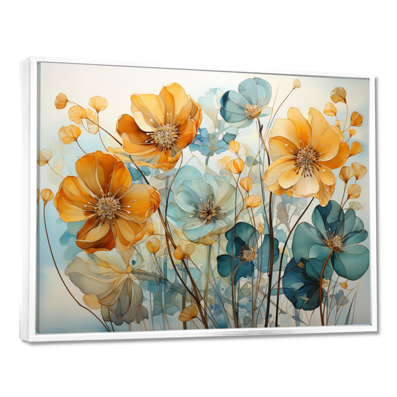 «Teal Orange Botanical Fragments I - Abstract Botanicals», art encadré, 34" H x 44" W, Cadre flottant blanc